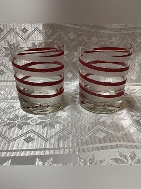 Vintage Georges Briard Red & White Striped Lowball Glasses Set of 2 MCM Barware